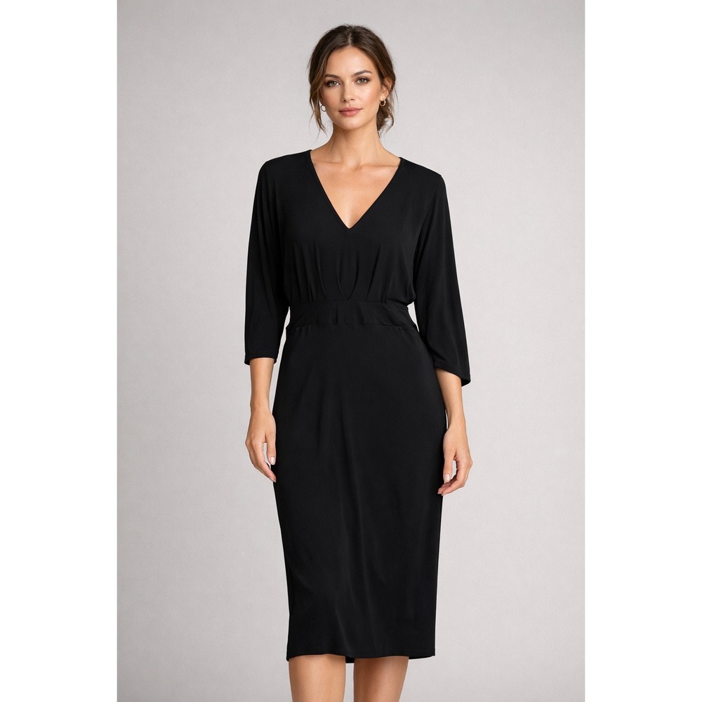 B44 Dressed Black V‎ Neck Midi Dress 3/4 Dolman Sleeve Tie Back Pleated  Wedding